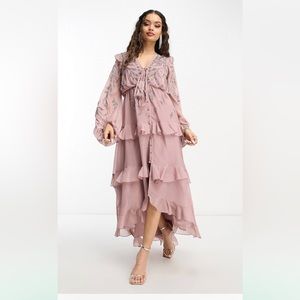 ASOS DESIGN petite soft midi dress with button front and floral embellishments